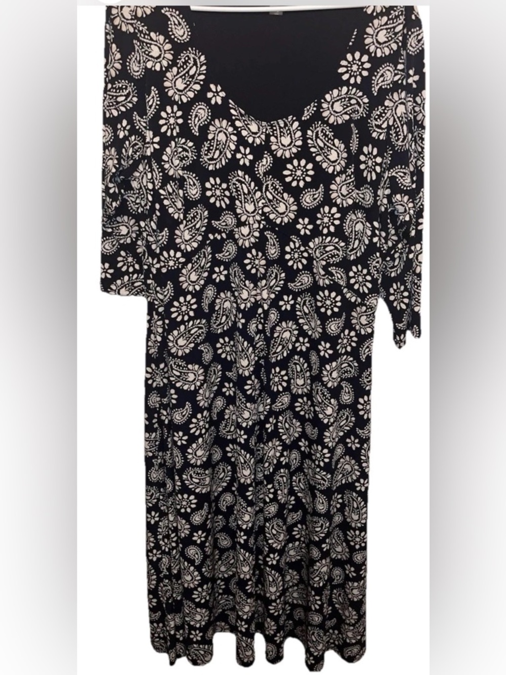 Tommy Hilfiger 3/4 Sleeve Midi V Neck Black Cream Paisley Dress Size 16W NWT